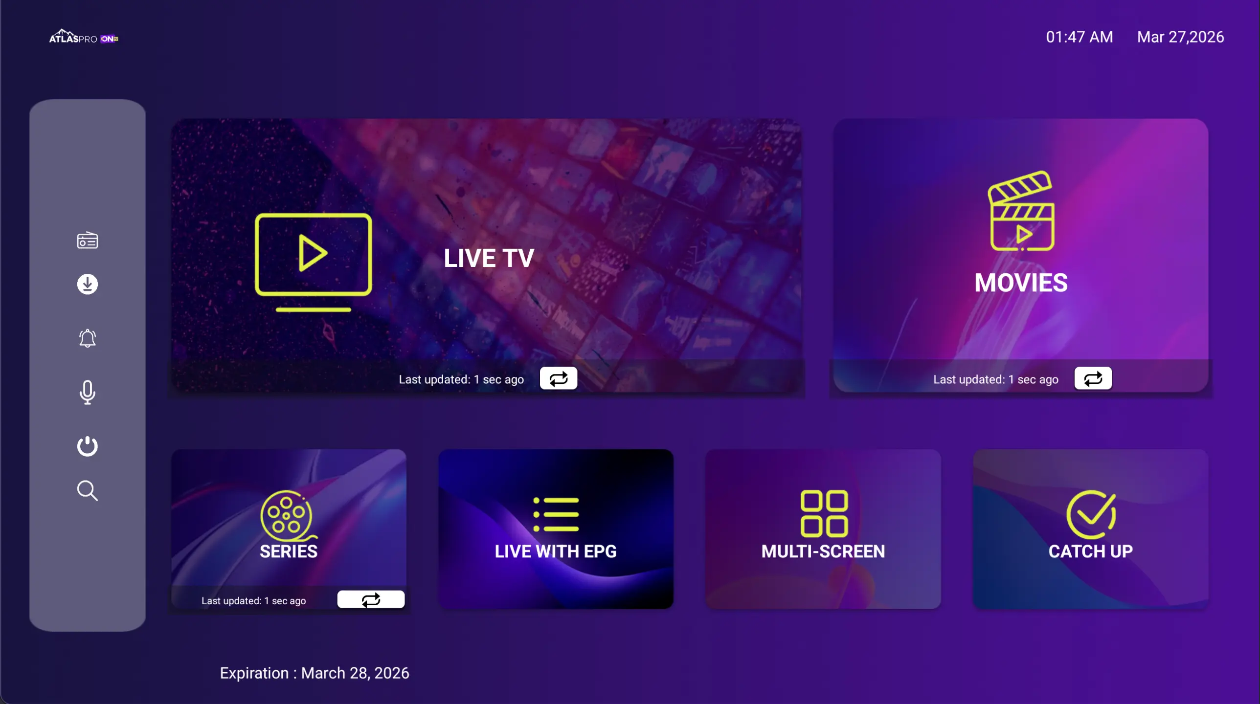 Interface Atlas Pro ONTV tableau de bord TV et films